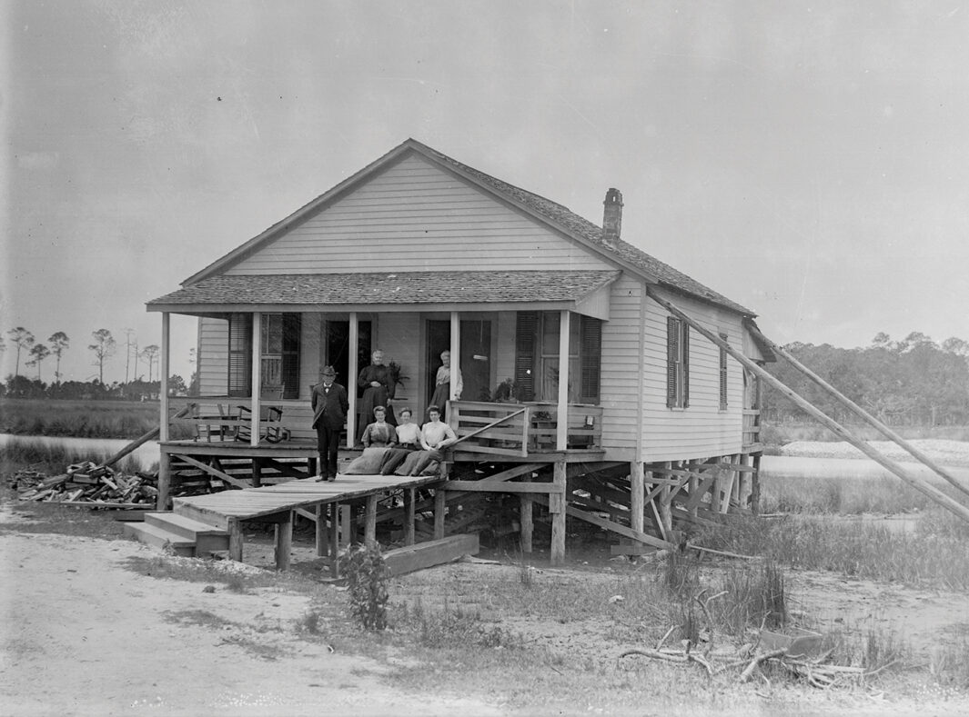 A black and white photograph of a restaurant in Bayou La Batre prepared for a hurricane.