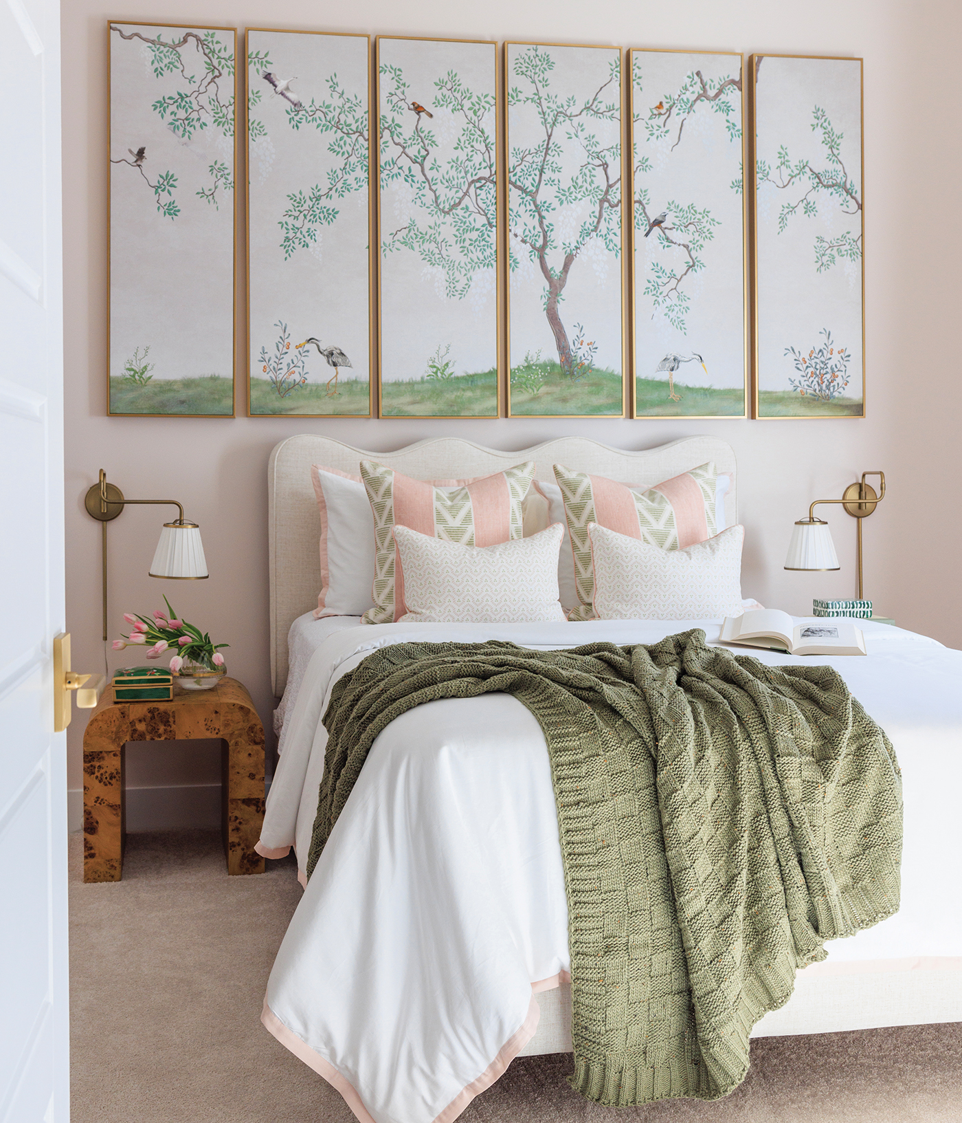 beautiful bedroom with a pink and green accents.