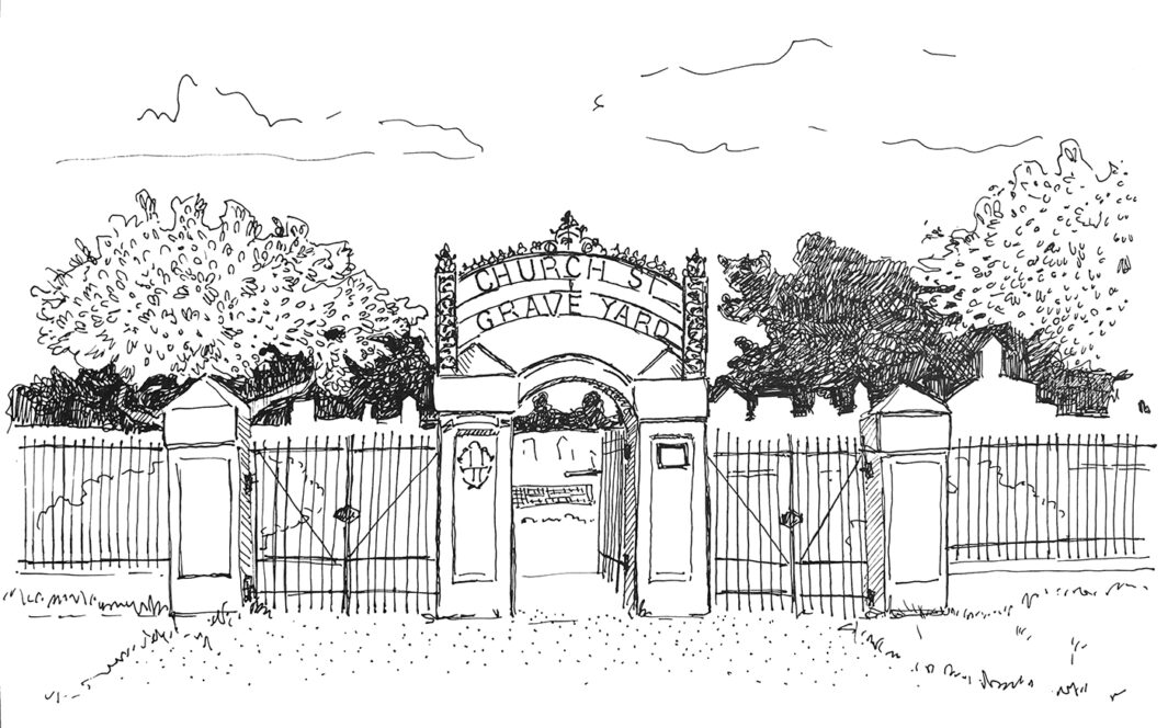 Black and white illustration of Church Street graveyard in Mobile, Alabama.