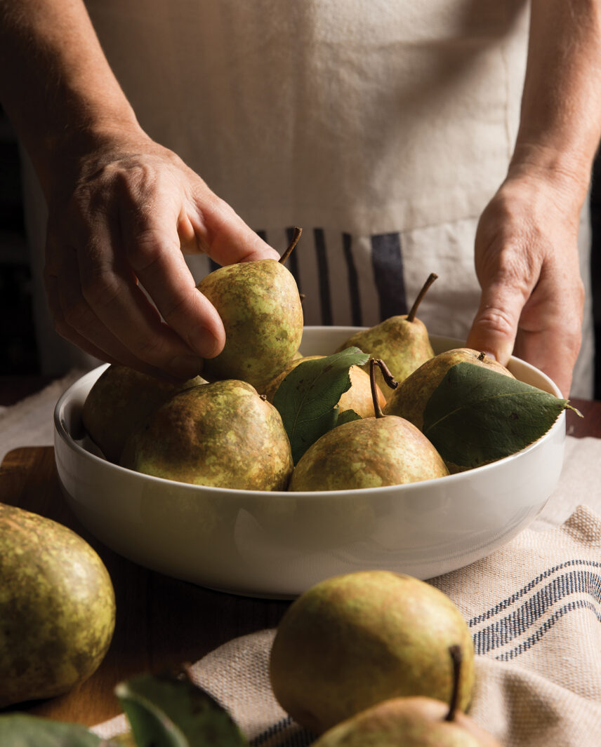 a moody photograph of a home cook with a bowl of sand pears.